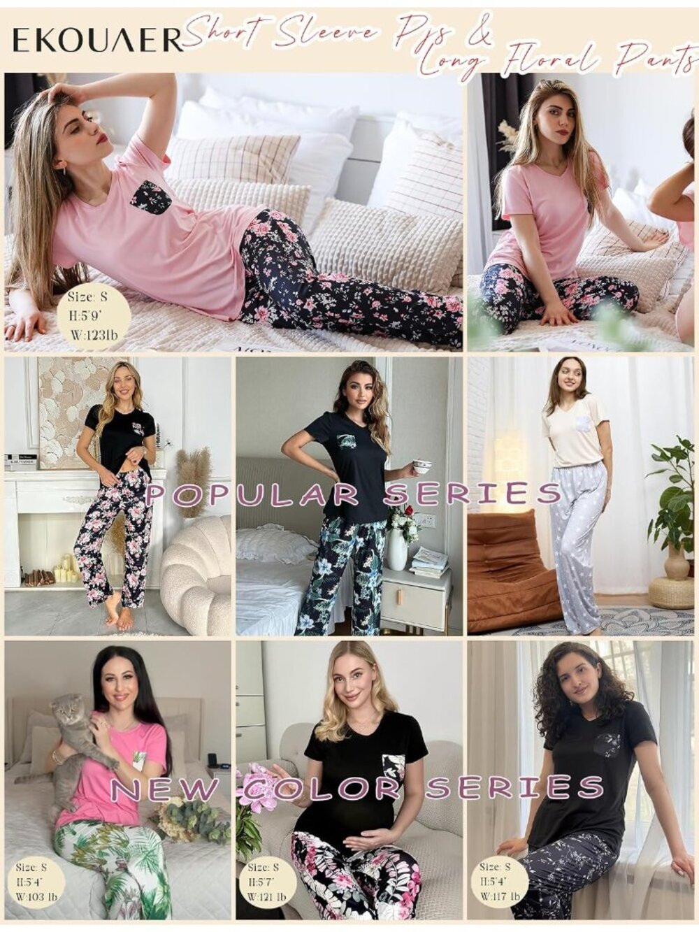 Women Pink-Grey Star V Neck Short Sleeve Shirt Sleepwear 2 Piece Pajama Sets - Picture 2 of 6
